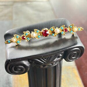 Vintage Coro Pin Brooch Ruby Teal and White on Faux Gold